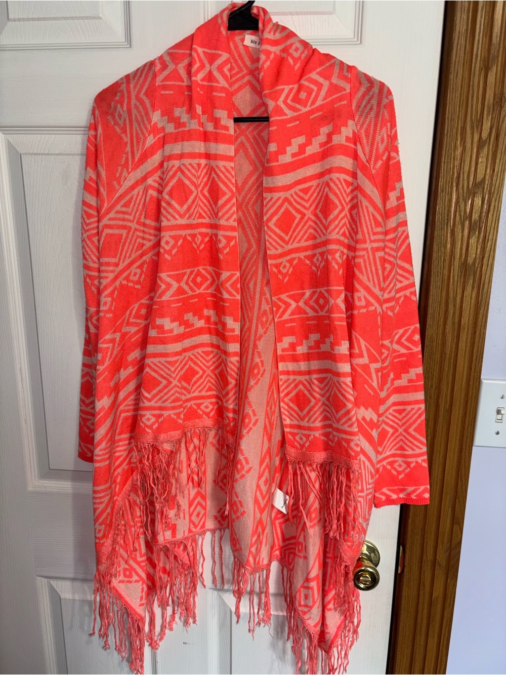 Blu Pepper Coral Aztec Fringe Open Front Cardigan